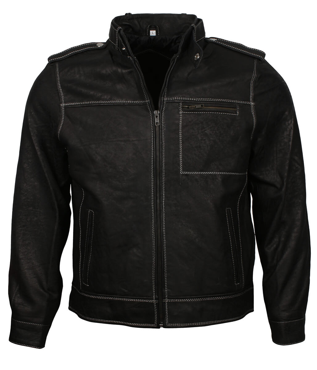 Men Contrast Stitching Black Leather Jacket