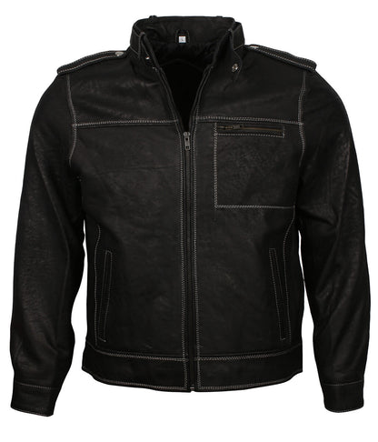 Men Contrast Stitching Black Leather Jacket