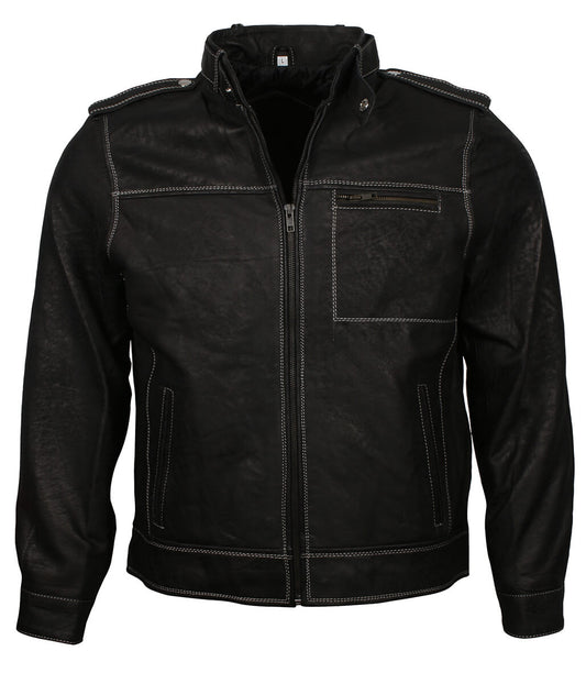 Men Contrast Stitching Black Leather Jacket