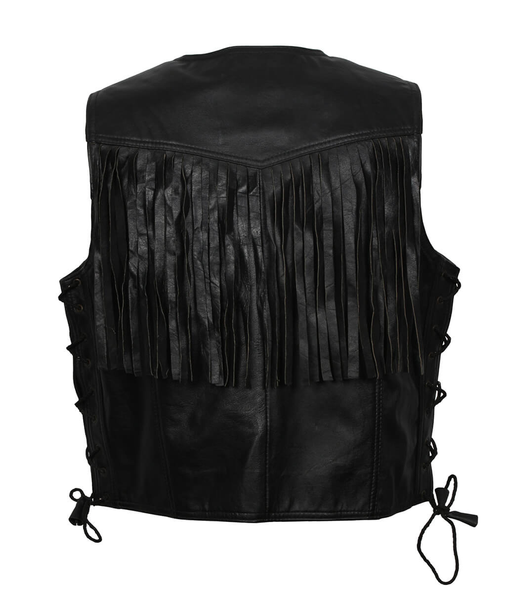 Men Cowboy Fringe Side-Laced Black Leather Vest