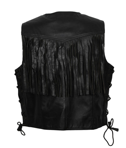 Men Cowboy Fringe Side-Laced Black Leather Vest