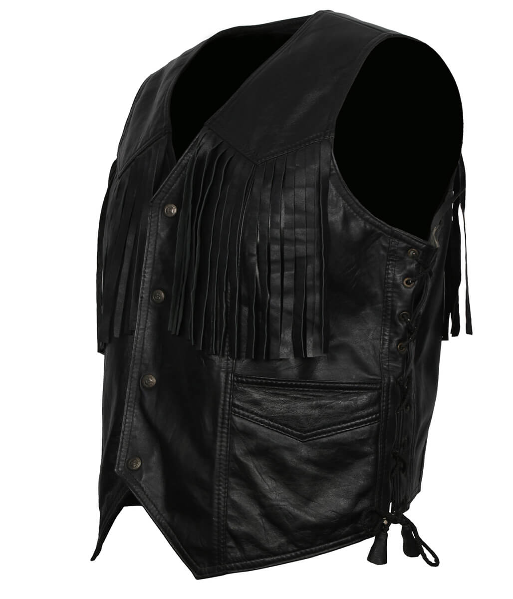 Men Cowboy Fringe Side-Laced Black Leather Vest
