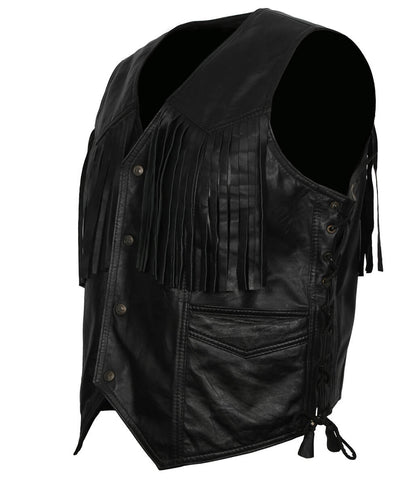 Men Cowboy Fringe Side-Laced Black Leather Vest