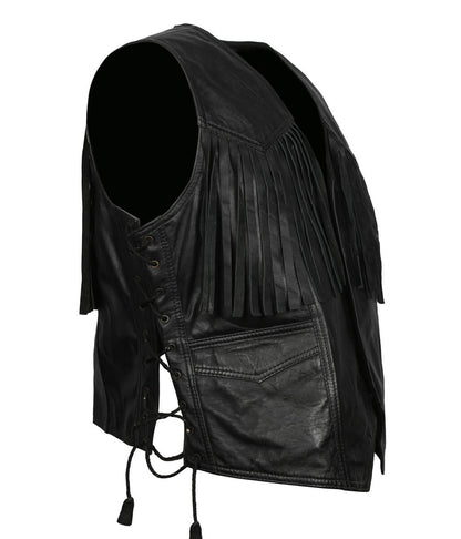Men Cowboy Fringe Side-Laced Black Leather Vest