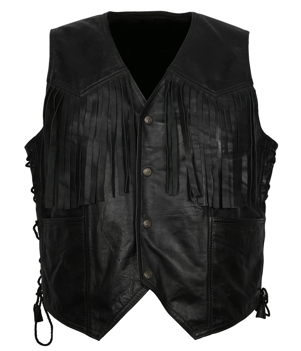 Men Cowboy Fringe Side-Laced Black Leather Vest