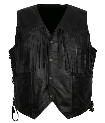 Men Cowboy Fringe Side-Laced Black Leather Vest