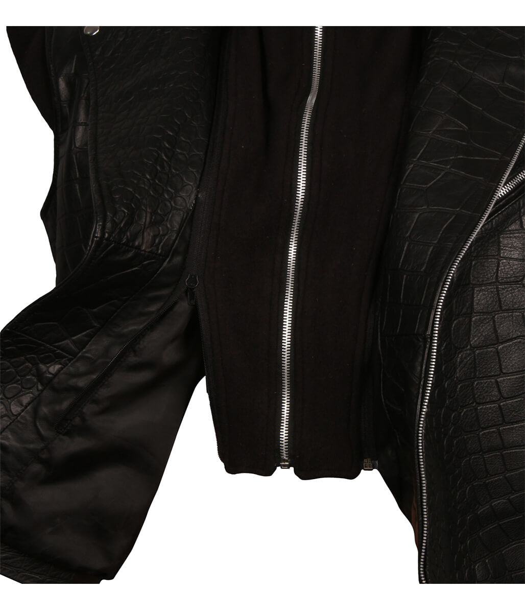 Men Crocodile Embossed Hooded Black Leather Vest
