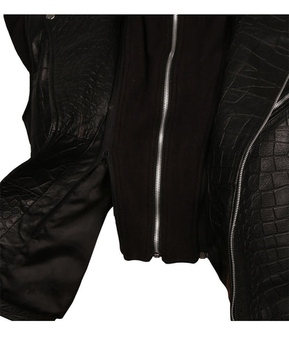 Men Crocodile Embossed Hooded Black Leather Vest