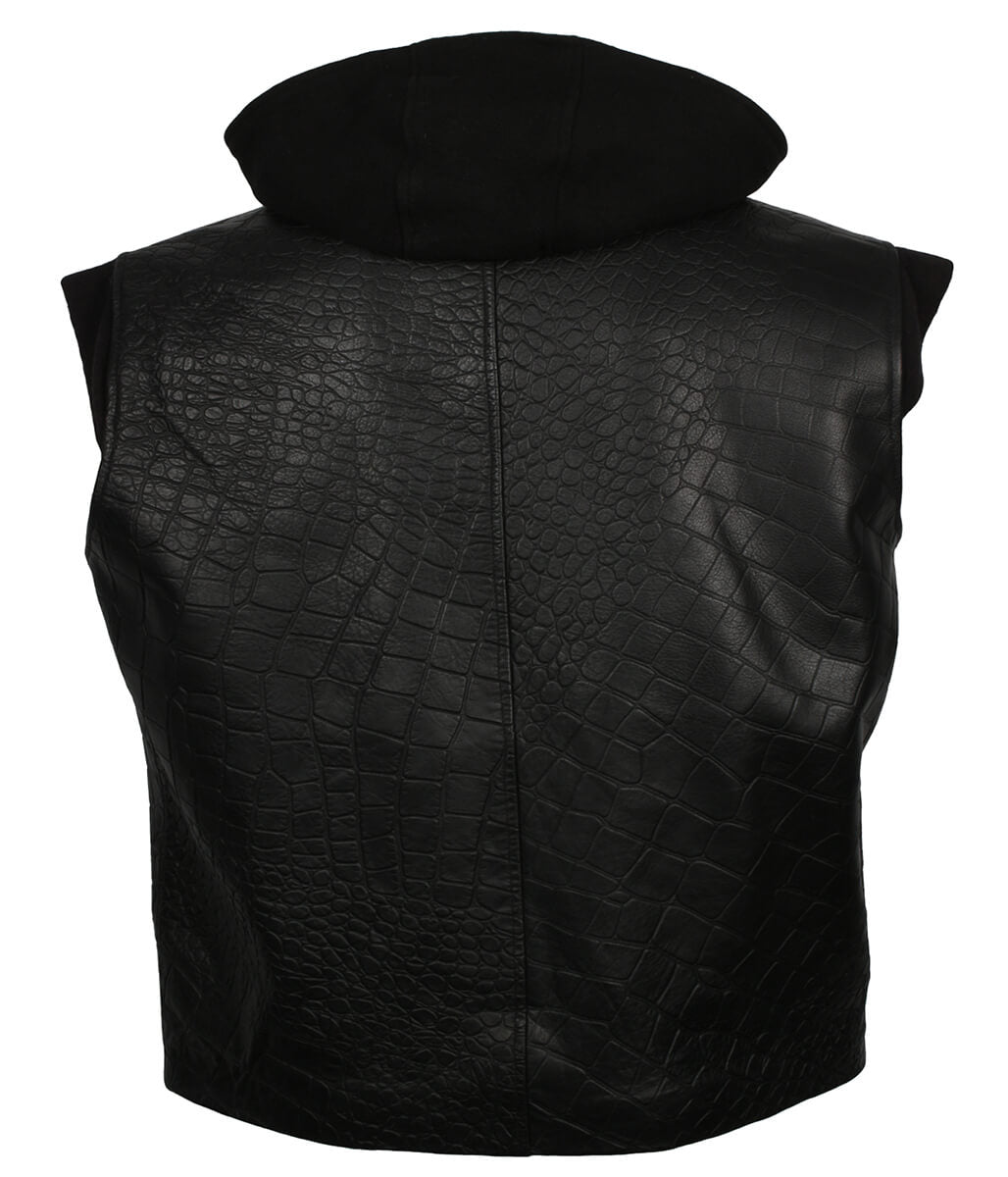Men Crocodile Embossed Hooded Black Leather Vest