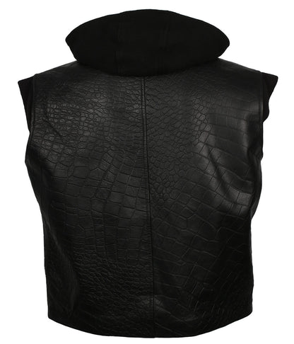 Men Crocodile Embossed Hooded Black Leather Vest