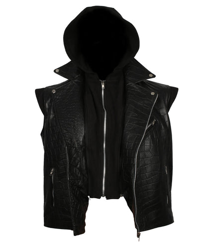 Men Crocodile Embossed Hooded Black Leather Vest