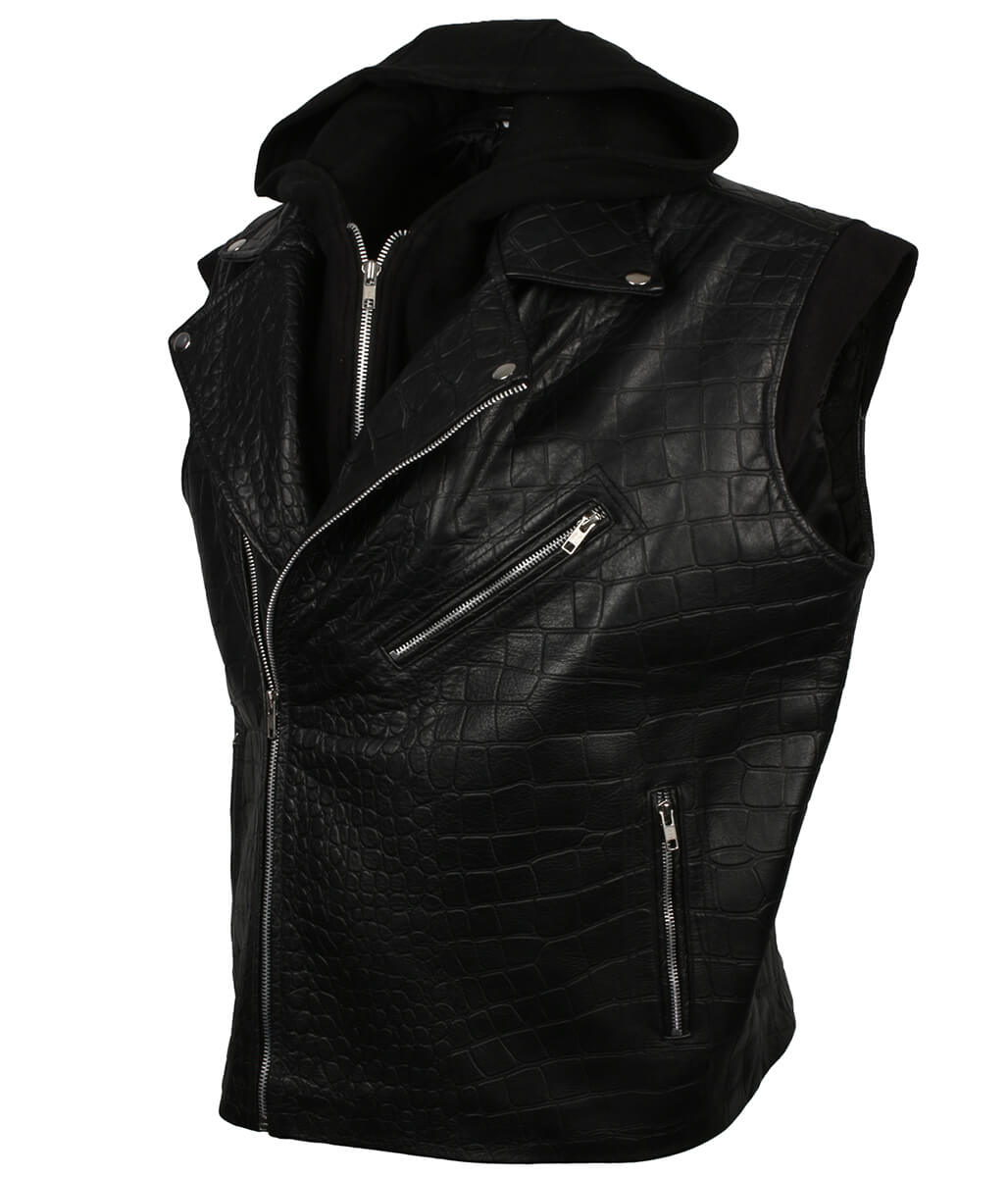 Men Crocodile Embossed Hooded Black Leather Vest