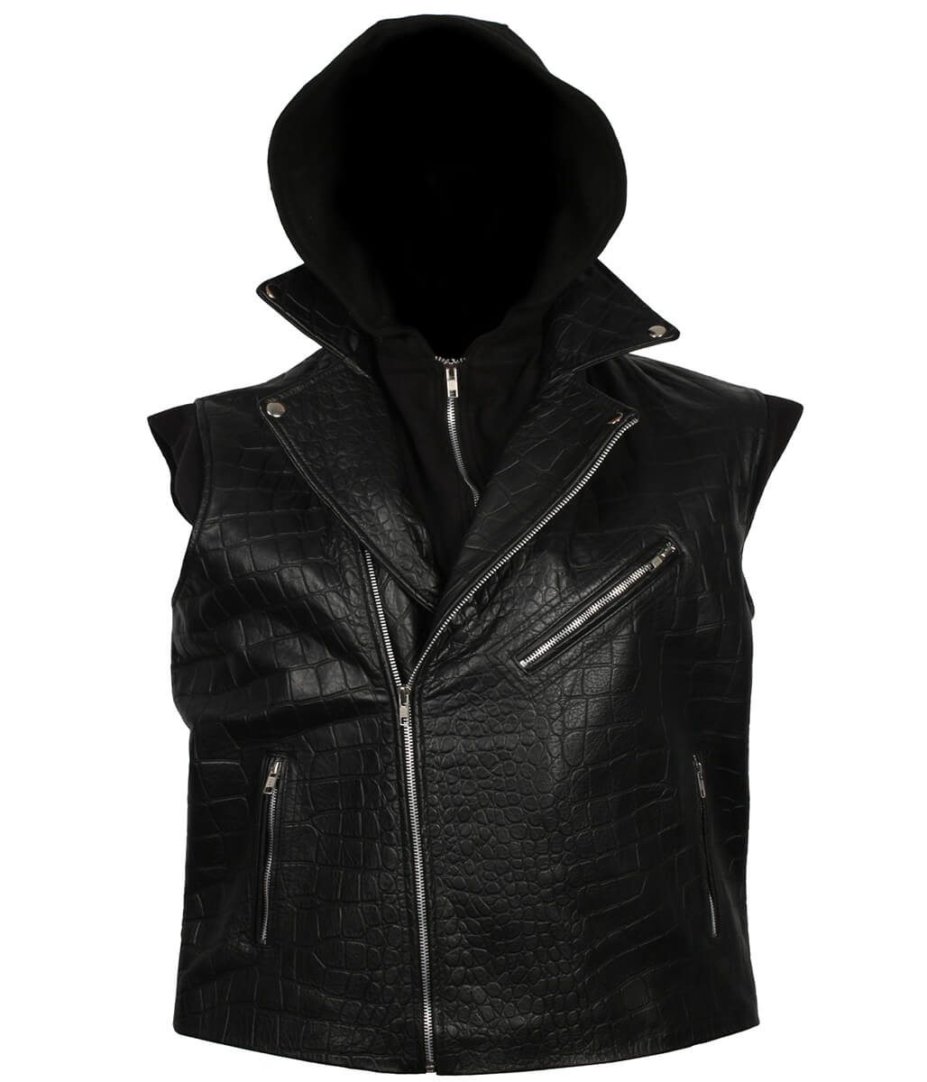 Men Crocodile Embossed Hooded Black Leather Vest