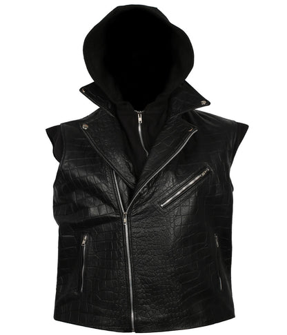 Men Crocodile Embossed Hooded Black Leather Vest