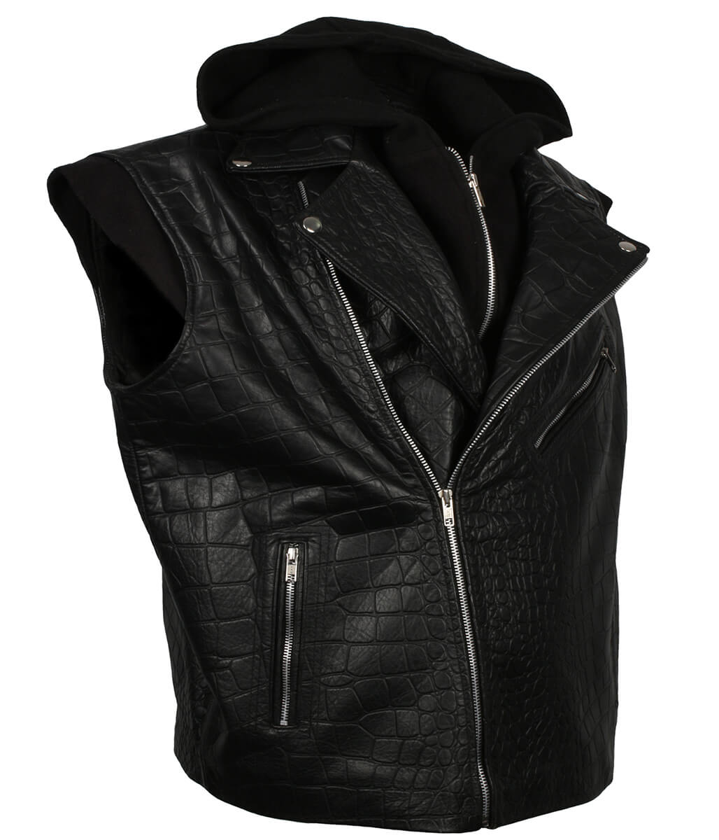 Men Crocodile Embossed Hooded Black Leather Vest