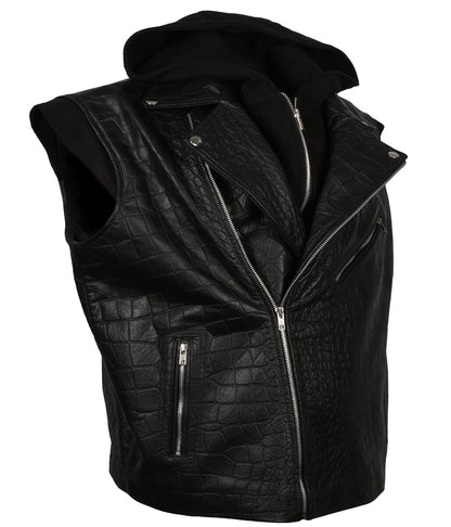 Men Crocodile Embossed Hooded Black Leather Vest