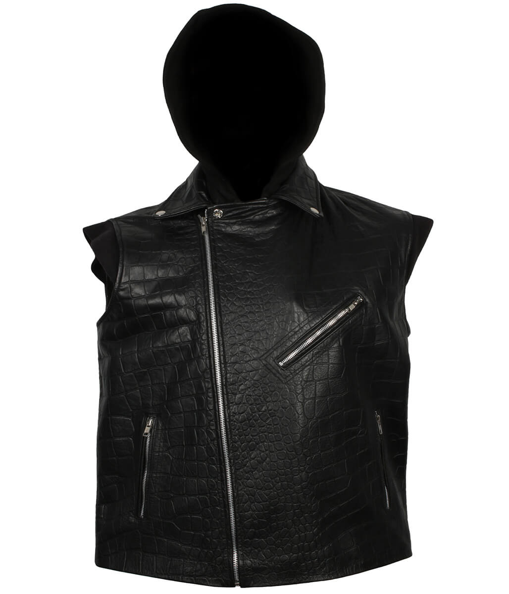 Men Crocodile Embossed Hooded Black Leather Vest