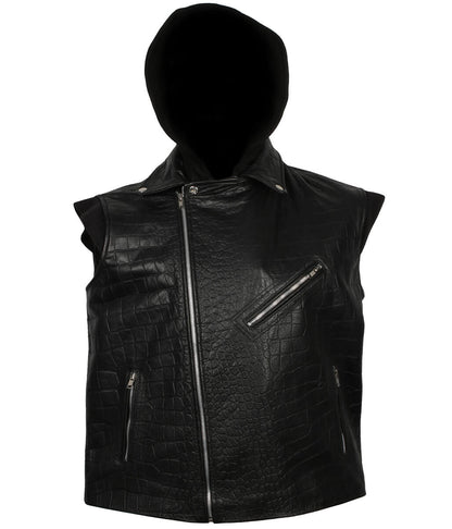 Men Crocodile Embossed Hooded Black Leather Vest