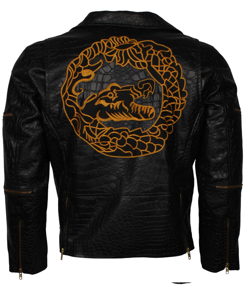 Men Crocodile Textured Gold Embroidery Leather Jacket