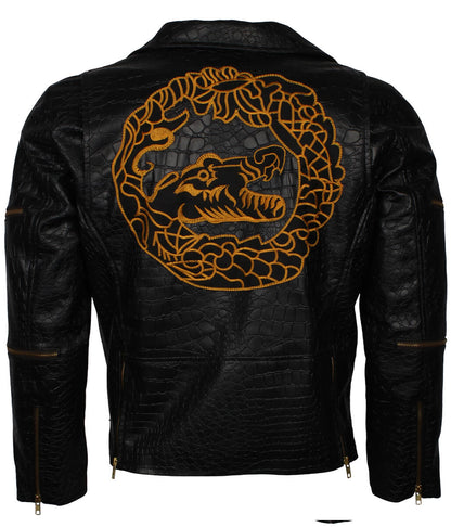 Men Crocodile Textured Gold Embroidery Leather Jacket