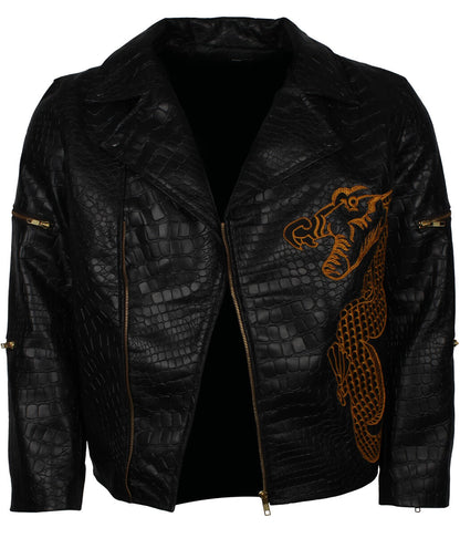Men Crocodile Textured Gold Embroidery Leather Jacket