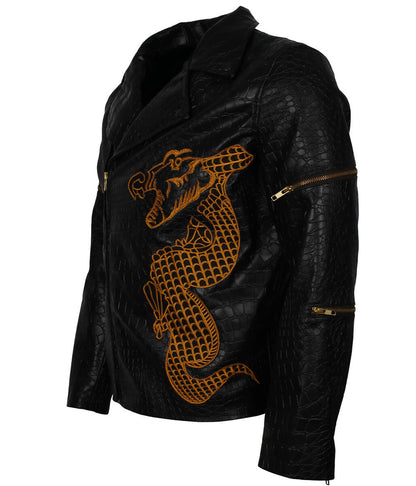 Men Crocodile Textured Gold Embroidery Leather Jacket