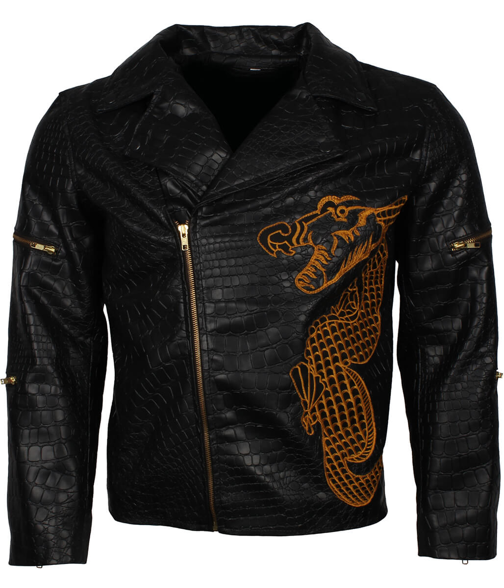 Men Crocodile Textured Gold Embroidery Leather Jacket