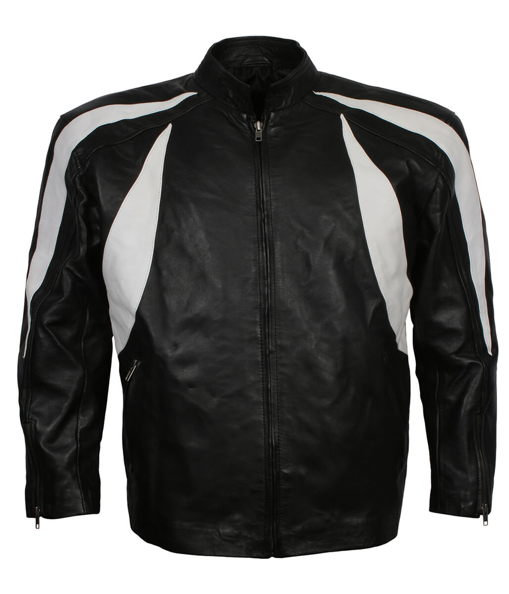 Men Curved Flame Panel Black and White Leather Jacket