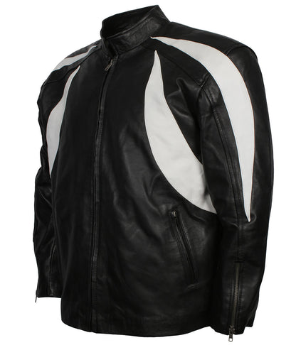 Men Curved Flame Panel Black and White Leather Jacket