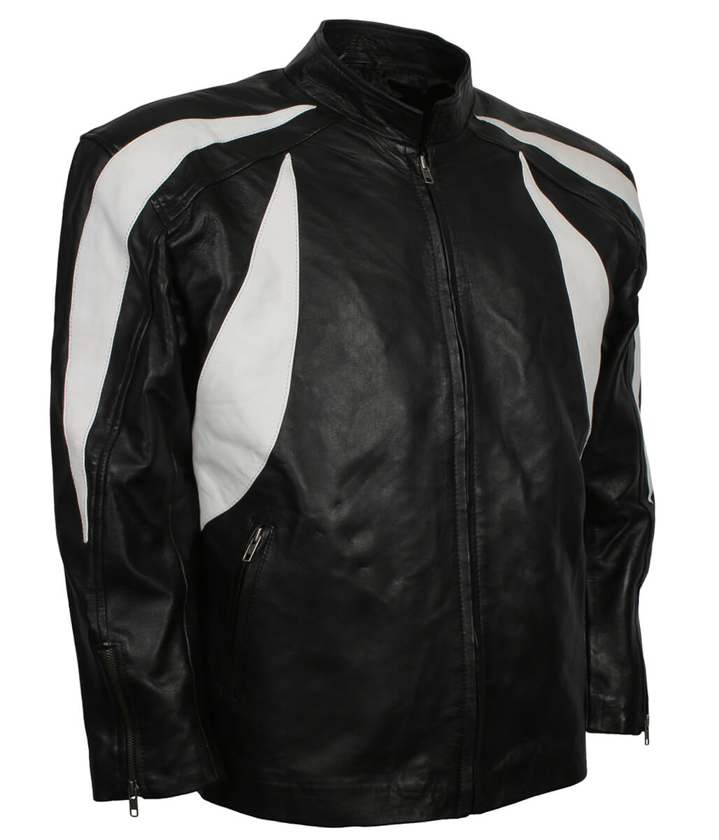 Men Curved Flame Panel Black and White Leather Jacket