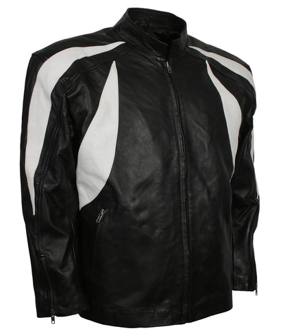 Men Curved Flame Panel Black and White Leather Jacket