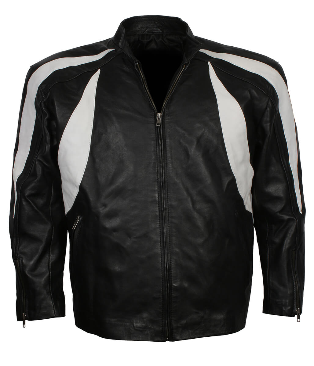 Men Curved Flame Panel Black and White Leather Jacket