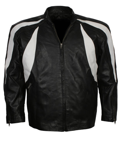 Men Curved Flame Panel Black and White Leather Jacket