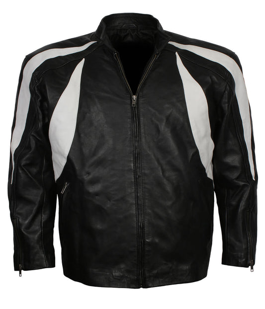 Men Curved Flame Panel Black and White Leather Jacket