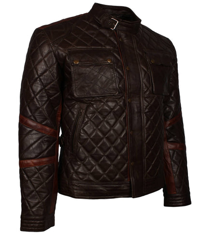 Men Diamond Quilted Dark Brown Leather Jacket