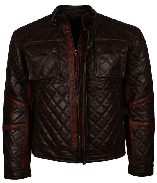 Men Diamond Quilted Dark Brown Leather Jacket