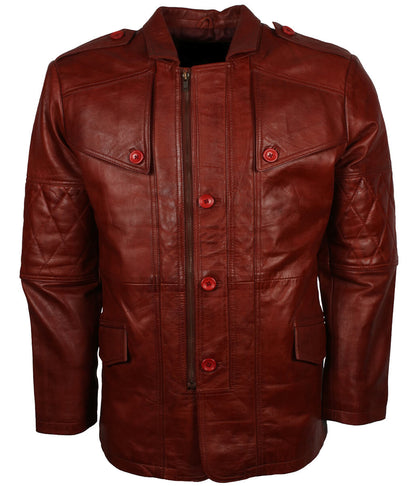 Men Diamond Quilted Sleeves Red Leather Coat