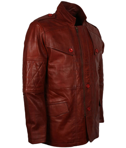Men Diamond Quilted Sleeves Red Leather Coat