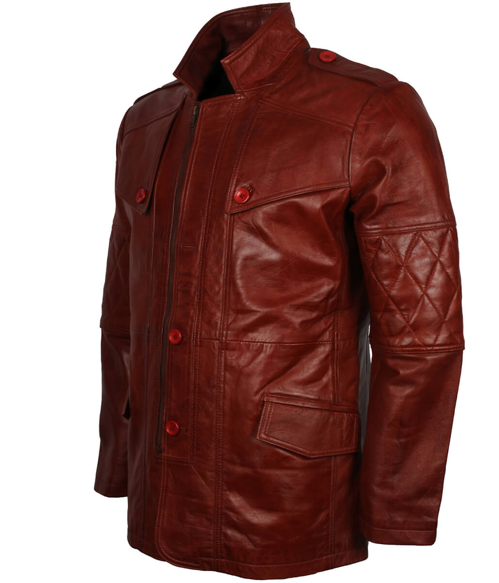Men Diamond Quilted Sleeves Red Leather Coat