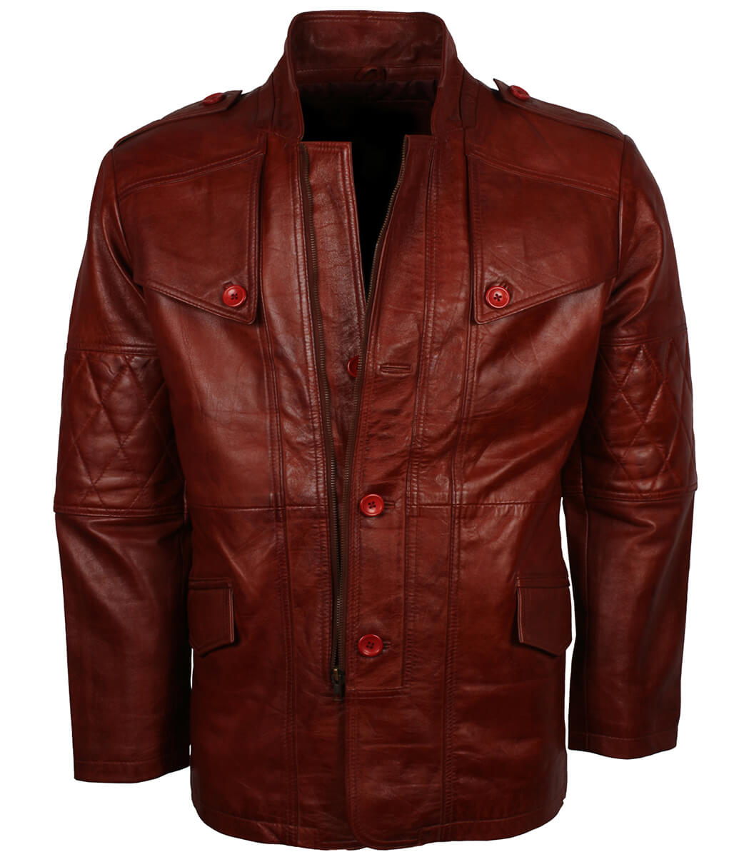 Men Diamond Quilted Sleeves Red Leather Coat