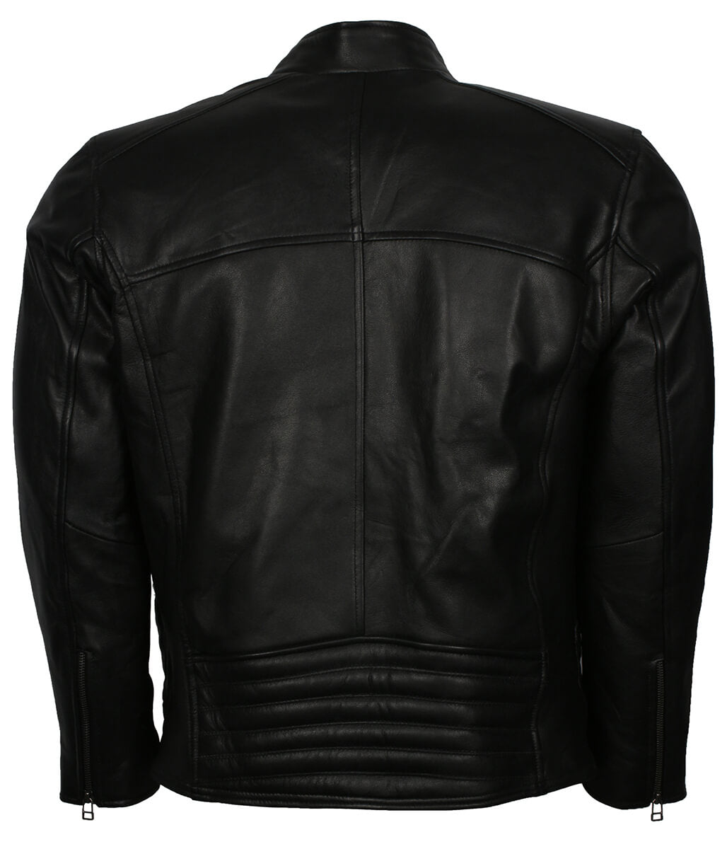 Men Diamond Quilted Snap Collar Black Leather Jacket