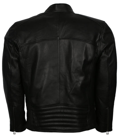 Men Diamond Quilted Snap Collar Black Leather Jacket