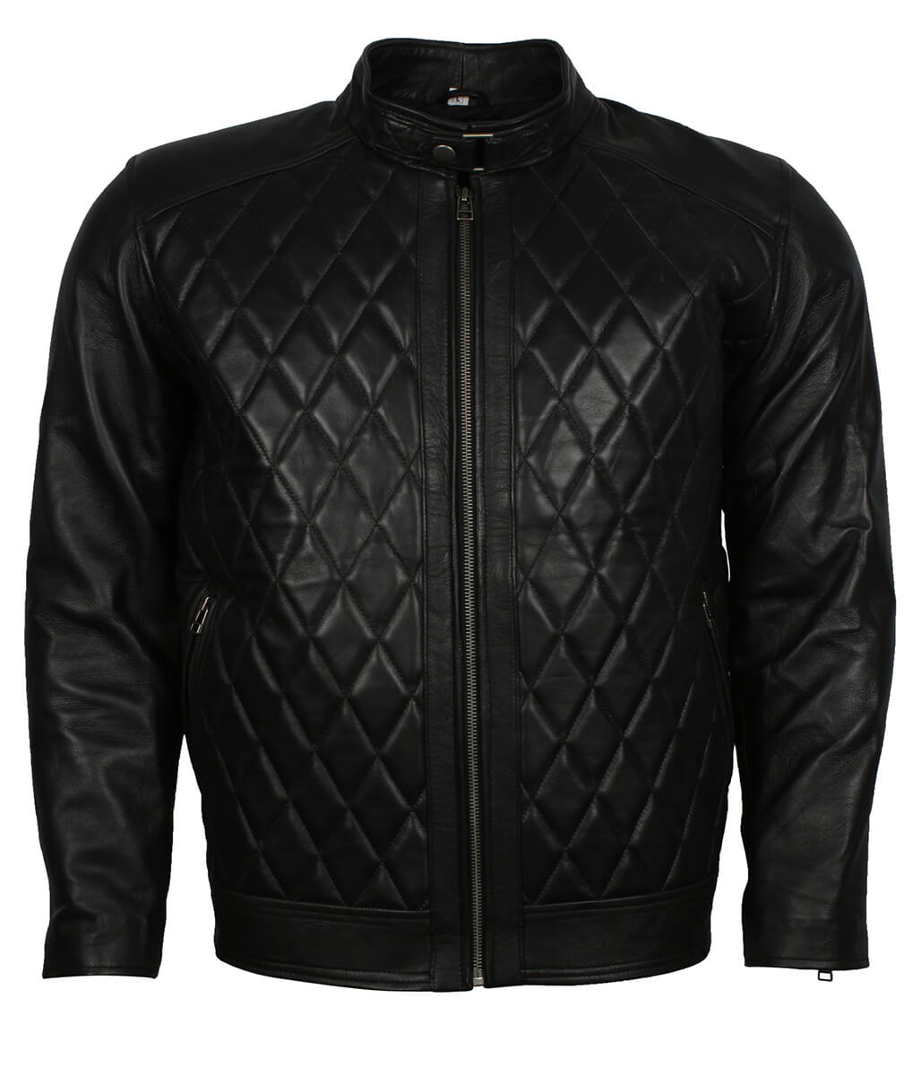 Men Diamond Quilted Snap Collar Black Leather Jacket