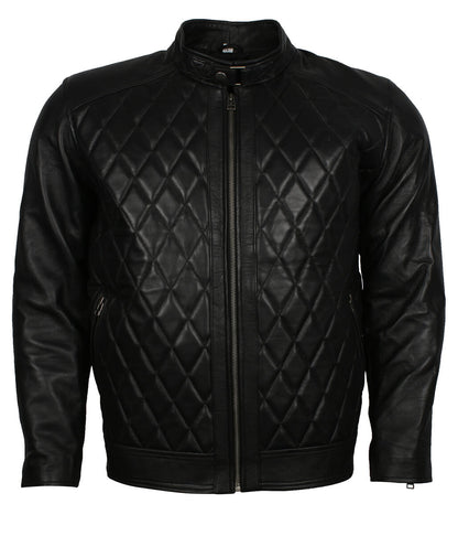 Men Diamond Quilted Snap Collar Black Leather Jacket