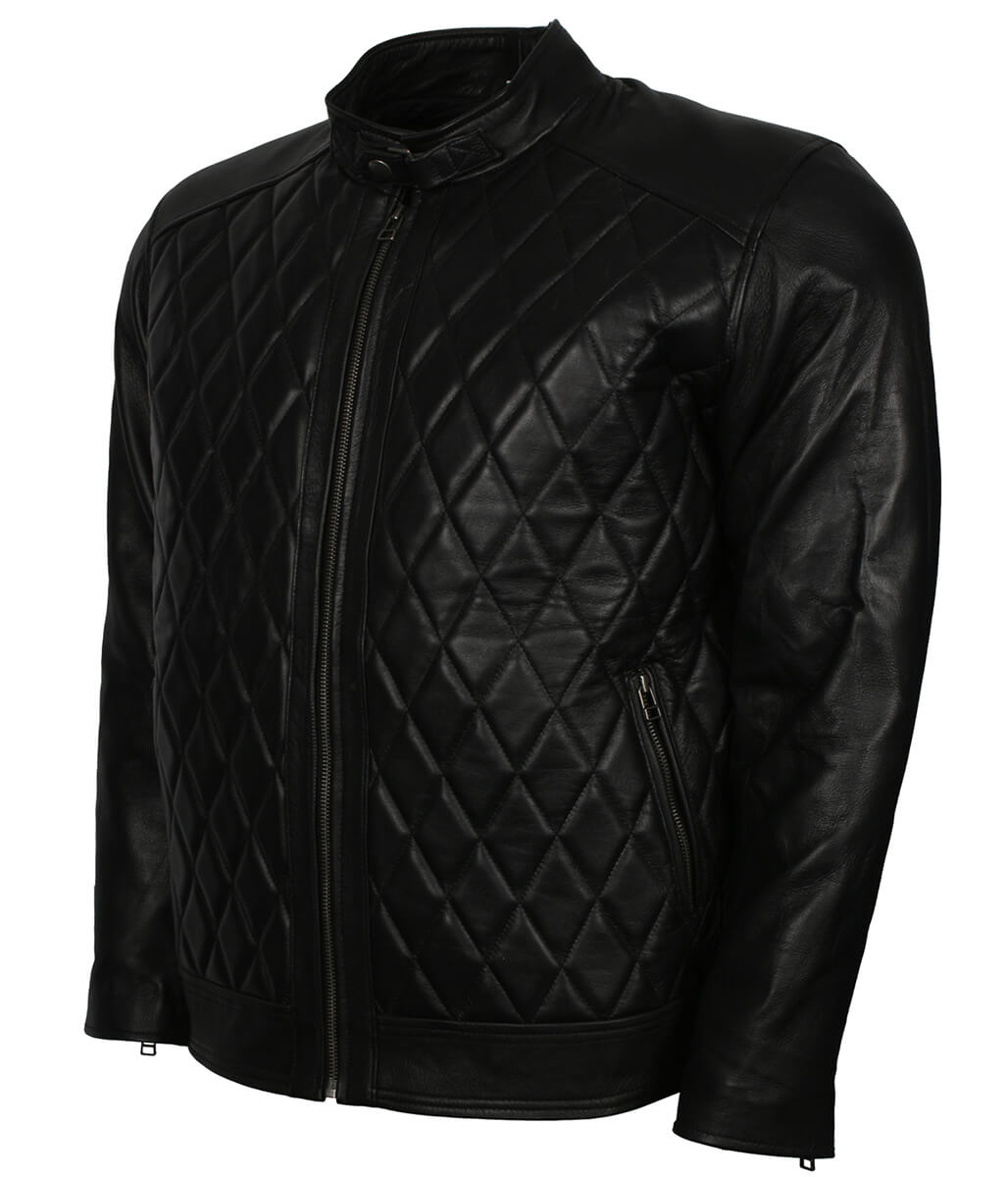 Men Diamond Quilted Snap Collar Black Leather Jacket