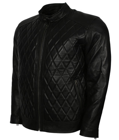 Men Diamond Quilted Snap Collar Black Leather Jacket