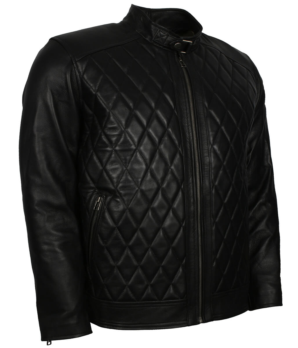 Men Diamond Quilted Snap Collar Black Leather Jacket