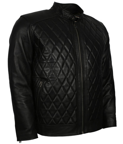 Men Diamond Quilted Snap Collar Black Leather Jacket