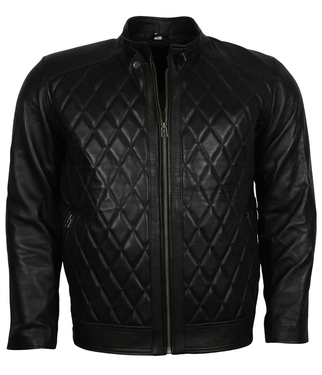 Men Diamond Quilted Snap Collar Black Leather Jacket