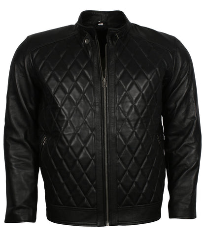 Men Diamond Quilted Snap Collar Black Leather Jacket